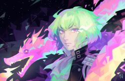 Rule 34 | 1boy, ascot, bishounen, black jacket, dragon, driftwoodwolf, expressionless, fire, green hair, jacket, lio fotia, looking at viewer, male focus, promare, purple eyes, solo, upper body