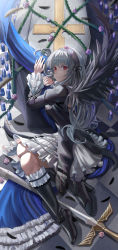 Rule 34 | 1girl, absurdres, black dress, black footwear, black ribbon, black wings, boots, cross, dress, feathered wings, flower, frilled dress, frills, hairband, high heel boots, high heels, highres, inverted cross, lolita fashion, lolita hairband, long hair, looking at viewer, plant, purple flower, purple rose, red eyes, ribbon, rose, rozen maiden, silvertsuki, solo, suigintou, vines, white hair, wings