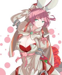 Rule 34 | 1girl, absurdres, ahoge, animal ears, arm behind head, arm belt, arm up, blush, bow, breasts, cleavage, closed mouth, elphelt valentine, eyes visible through hair, fake animal ears, flower, green eyes, guilty gear, guilty gear xrd, highres, pink bow, puffy sleeves, red flower, red rose, rikihana momo, rose, short hair, signature, smile, solo, spikes, tiara