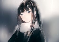 Rule 34 | 1girl, black coat, blunt bangs, blurry, blurry background, breath, brown hair, coat, expressionless, eyebrows, fur trim, grey background, head tilt, long hair, looking at viewer, lpip, original, parted lips, rain, solo, upper body, very long hair, water, winter clothes, winter coat