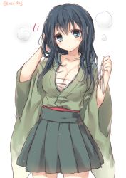 Rule 34 | 10s, 1girl, adjusting hair, after bathing, alternate hairstyle, blue eyes, blue hair, breasts, cleavage, hair down, kantai collection, komeshiro kasu, large breasts, long sleeves, looking at viewer, matching hair/eyes, pleated skirt, short hair, simple background, skirt, solo, souryuu (kancolle), twitter username, white background