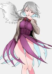 Rule 34 | 1girl, alternate costume, bad id, bad pixiv id, bare legs, bow, breasts, brooch, cowboy shot, dress, ears, feathered wings, grey background, grey hair, groin, hand to own mouth, jacket, jewelry, kishin sagume, knees, large breasts, legs, looking down, no panties, nooca, nose, red bow, red eyes, ribbon, short hair, simple background, single wing, sketch, solo, standing, thighs, touhou, tsurime, white background, wings