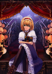 Rule 34 | 1girl, album cover, alice margatroid, bad id, bad pixiv id, black pantyhose, blonde hair, blue hair, book, boots, capelet, cover, cross-laced footwear, crossed legs, female focus, green eyes, grimoire, grimoire of alice, hairband, lance, lolita hairband, looking at viewer, motida, pantyhose, polearm, puffy sleeves, shanghai doll, shield, short sleeves, sitting, solo, stage, touhou, weapon