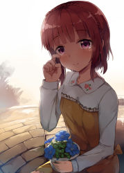 Rule 34 | 1girl, aikawa aika, alice gear aegis, blue flower, blush, braid, brown dress, brown hair, closed mouth, collared shirt, commentary request, crown braid, dress, floral print, flower, frilled dress, frills, head tilt, highres, long sleeves, plant, potted plant, print shirt, purple eyes, rose print, seneto, shirt, smile, solo, strapless, strapless dress, tears, white shirt, wiping tears