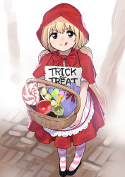 Rule 34 | 1girl, :q, absurdres, black eyes, blonde hair, bow, bowtie, candy, cape, commentary request, cosplay, dress, eyebrows, food, futaba anzu, halloween costume, highres, idolmaster, idolmaster cinderella girls, kito (sakerukito), little red riding hood, little red riding hood (grimm), little red riding hood (grimm) (cosplay), long hair, looking at viewer, looking up, low twintails, pantyhose, red bow, red bowtie, red cape, red dress, red hood, solo, striped clothes, striped legwear, striped pantyhose, tongue, tongue out, trick or treat, twintails, v-shaped eyebrows