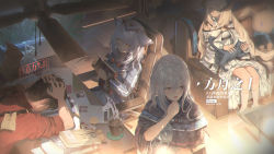 Rule 34 | 1boy, 3girls, arknights, armchair, blonde hair, blue eyes, book, brown hair, capelet, cat, ceiling fan, chair, coffee, coffee mug, coffee table, comfy, crumpled paper, cup, doctor (arknights), dress, feathers, foliage, glasses, goggles, grey hair, grey jacket, headpat, high collar, highres, hinoborukaku, jacket, long hair, long sleeves, looking at another, mug, multiple girls, nightingale (arknights), office, office chair, ptilopsis (arknights), red eyes, short hair, skadi (arknights), slippers, socks, steam, stress, stuffed animal, stuffed toy, swivel chair, table, white dress, white hair, yellow eyes