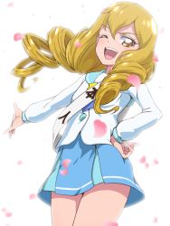Rule 34 | 1girl, ;d, blonde hair, blue skirt, brown eyes, commentary request, drill hair, hand on own hip, himenojou sakurako, long hair, long sleeves, looking at viewer, looking to the side, one eye closed, open mouth, precure, school uniform, simple background, skirt, smile, solo, star twinkle precure, tj-type1, twin drills, white background