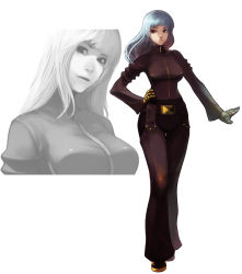 Rule 34 | 1girl, belt, blue hair, bodysuit, breasts, gloves, highres, inset, joints, kula diamond, large breasts, long hair, pants, red eyes, robot joints, shoes, snk, solo, steward b, the king of fighters, wide sleeves, zipper