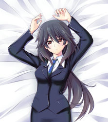 Rule 34 | 10s, 1girl, arms up, bed, black hair, formal, infinite stratos, long hair, lying, necktie, orimura chifuyu, ponytail, solo, suit