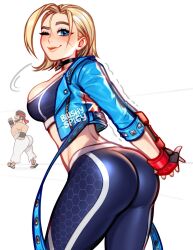 Rule 34 | 1girl, ass, ass focus, black sports bra, blonde hair, blue jacket, blushyspicy, breasts, cammy white, chibi, chibi inset, cropped jacket, fingerless gloves, gloves, highres, huge ass, jacket, looking at viewer, medium breasts, pants, ryu (street fighter), scar, short hair, sideboob, smile, solo, sports bra, street fighter, street fighter 6, stretching, thick thighs, thighs, union jack, wide hips, yoga pants