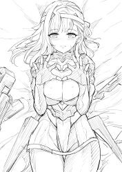 Rule 34 | 1girl, armor, bandaged head, bandages, blbush, bodystocking, breasts, cleavage, goddess of victory: nikke, greyscale, grin, hair ribbon, heart, heart hands, highres, large breasts, long hair, looking at viewer, lying, modernia (nikke), monochrome, on back, ribbon, see-through, see-through cleavage, shoulder armor, sidelocks, smile, solo, sweatdrop, thigh gap, yougenko