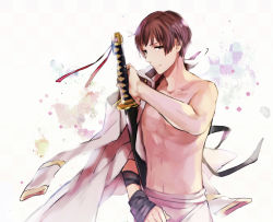 Rule 34 | 1boy, axis powers hetalia, bad id, bad pixiv id, brown hair, fighting stance, georges meunier, japan (hetalia), male focus, ready to draw, sheath, sheathed, solo, sword, topless male, weapon, white background