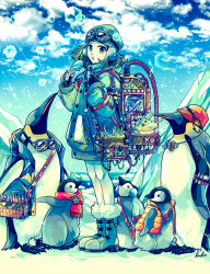 Rule 34 | 1girl, absurdres, backpack, bag, beanie, bird, blue sky, boots, cloud, coat, commentary request, crystal, day, earmuffs, fingerless gloves, food, full body, fur-trimmed boots, fur trim, gears, glacier, gloves, goggles, goggles on head, green eyes, hat, highres, holding, holding food, holding popsicle, ice, iceberg, jacket, kuh tapiru, lens flare, long sleeves, looking at viewer, machine, machinery, medium hair, ocean, original, outdoors, parted lips, penguin, popsicle, signature, sky, solo, standing, test tube, water