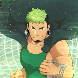 Rule 34 | 1boy, abs, bara, beard, clenched hands, dark skin, facial hair, green eyes, green tank top, highres, ikusaba daisuke, jacket, jacket on shoulders, looking at viewer, male focus, multicolored hair, muscular, pectorals, simple background, skin tight, smile, solo, tank top, taurus mask, tokyo houkago summoners, upper body, wrestling outfit, zifu