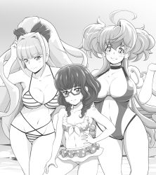 Rule 34 | 3girls, ahoge, bikini, bikini skirt, blush, breasts, cagliostro (symphogear), choker, cleavage, closed mouth, collarbone, feet out of frame, glasses, greyscale, grin, groin, koizumi akira (artist), large breasts, long hair, looking at viewer, monochrome, multiple girls, navel, prelati (symphogear), saint-germain (symphogear), senki zesshou symphogear, short hair, small breasts, smile, standing, swimsuit