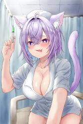 Rule 34 | 1girl, absurdres, ahoge, animal ear fluff, animal ears, breasts, cat ears, cat girl, cat tail, cleavage, dress, fang, hat, heart, heart-shaped pupils, highres, holding, holding syringe, hololive, kei cha (cnidaria 26), large breasts, looking at viewer, medium hair, nekomata okayu, nurse, nurse cap, purple eyes, purple hair, skin fang, smile, solo, symbol-shaped pupils, syringe, tail, tongue, tongue out, virtual youtuber, white dress, white hat