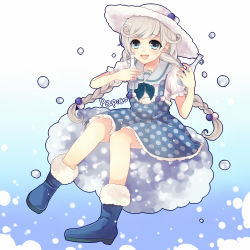Rule 34 | 1girl, :d, blue eyes, blush, boots, bottle, braid, bubble, copyright name, dress, frilled sleeves, frills, fur-trimmed boots, fur hat, fur trim, hair bobbles, hair ornament, hat, highres, holding, holding bottle, howaitosawa papiko, izumi chiro, long hair, neckerchief, on cloud, open mouth, papico (ice cream), pinafore dress, pixiv papico design contest, polka dot, polka dot dress, sailor collar, short sleeves, sitting, sleeveless, sleeveless dress, smile, solo, sun hat, twin braids, very long hair, white hair