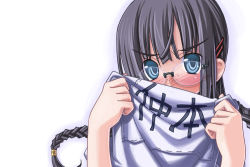 Rule 34 | &gt;:|, 1girl, :|, black hair, blue eyes, blush, braid, close-up, closed mouth, clothes lift, covering own mouth, embarrassed, freckles, glasses, hair ornament, hairclip, looking at viewer, original, sakuya tsuitachi, shirt lift, simple background, single braid, solo, v-shaped eyebrows, white background
