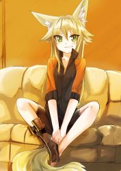 Rule 34 | 1girl, animal ears, barefoot, flat chest, fox ears, fox tail, grin, highres, indoors, kokonoe tsubaki, long hair, original, shoes, single shoe, sitting, smile, solo, tail, yoshizawa tsubaki