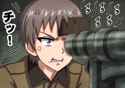 Rule 34 | 1girl, anger vein, angry, brown eyes, brown hair, brown jacket, commentary, freckles, frown, fume, girls und panzer, highres, jacket, motion lines, naomi (girls und panzer), omachi (slabco), open mouth, saunders military uniform, scope, short hair, solo, tank interior, translated, v-shaped eyebrows, very short hair