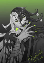 Rule 34 | 1boy, absurdres, artist name, ashiya douman (fate), asymmetrical clothes, asymmetrical hair, bell, black eyes, black hair, blackwila, curly hair, dated, earrings, eyeshadow, fangs, fate/grand order, fate (series), fingernails, gradient background, green eyeshadow, green lips, green nails, hair bell, hair between eyes, hair intakes, hair ornament, highres, japanese clothes, jewelry, kimono, laughing, lipstick, long hair, magatama, magatama earrings, makeup, male focus, multicolored hair, nail polish, open clothes, open hand, open kimono, red pupils, ribbed sleeves, sharp fingernails, solo, split-color hair, spot color, two-tone hair, upper body, very long fingernails, very long hair, white hair