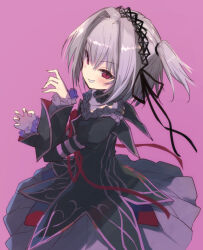 Rule 34 | 1girl, black dress, black hairband, black ribbon, blush, choker, claw pose, commentary, dress, eyes visible through hair, frilled choker, frilled sleeves, frills, from above, gothic lolita, grey hair, grin, hair between eyes, hair intakes, hair ribbon, hairband, hands up, hapymaher, juliet sleeves, lolita fashion, long ribbon, long sleeves, looking at viewer, medium hair, nagesuteaka, naitou maia, pink background, puffy sleeves, red eyes, red ribbon, ribbon, simple background, slit pupils, smile, solo, tsurime, two side up, wide sleeves