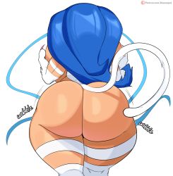 Rule 34 | 1girl, absurdres, animal ears, artist name, ass, ass shake, blue hair, cat ears, cat girl, cat paws, cat tail, curvy, felicia (vampire), from behind, highres, huge ass, jinu (jinusenpai), long hair, motion lines, nude, paws, solo, tail, thick thighs, thighs, vampire (game), very long hair, white background, wide hips