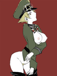 Rule 34 | 1girl, alternate costume, bad id, bad pixiv id, blonde hair, blonde pubic hair, breasts, breasts out, clothes pull, cowboy shot, cross, crossed arms, erwin (girls und panzer), from side, girls und panzer, goggles, goggles on headwear, hat, iron cross, leaning forward, long sleeves, looking at viewer, medium breasts, nipples, no bra, no panties, pants, pants pull, red background, rinoko, short hair, solo, uniform, yellow eyes