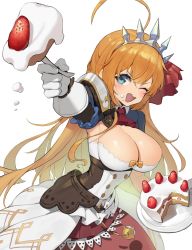 Rule 34 | 1girl, ahoge, blue eyes, breasts, cake, cleavage, commentary, food, food on face, fork, fruit, goowonjoon, highres, holding, holding fork, holding plate, large breasts, long hair, looking up, one eye closed, open mouth, orange hair, pecorine (princess connect!), plate, princess connect!, skirt, solo, strawberry, strawberry shortcake, symbol-only commentary, tiara, very long hair, white background, white eyes, white skirt