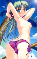Rule 34 | 1girl, aogiri penta, arched back, armpits, arms up, ass, back, bikini, blue eyes, blue sky, blush, breasts, cameltoe, cloud, female focus, from behind, green hair, hair ribbon, highres, light, long hair, looking at viewer, looking back, nipples, nounai kanojo, palm tree, ribbon, side-tie bikini bottom, sky, smile, solo, standing, swimsuit, thigh gap, topless, tree, usodere!