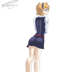 Rule 34 | 1girl, absurdres, ahoge, ass, blue eyes, blush, dated, feet out of frame, from behind, glasses, hair ornament, hairband, highres, little witch academia, looking at viewer, looking back, lotte jansson, luna nova school uniform, microskirt, miniskirt, open mouth, orange hair, panties, pantyshot, school uniform, short hair, silverxd001, simple background, skirt, solo, standing, underwear, white background, white panties