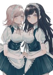 Rule 34 | 2girls, alternate costume, apron, bandages, black hair, blunt bangs, blush, breasts, brown eyes, buttons, commentary request, danganronpa (series), danganronpa 2: goodbye despair, double-breasted, dress, enmaided, frills, from side, grey eyes, highres, holding hands, interlocked fingers, long hair, looking at viewer, maid, maid headdress, medium breasts, medium hair, mole, mole under eye, multiple girls, nanami chiaki, neck ribbon, nokoru sora, open mouth, puffy short sleeves, puffy sleeves, revision, ribbon, short sleeves, simple background, teeth, tsumiki mikan, upper teeth only, wavy mouth, white apron, white background