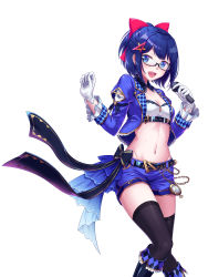 Rule 34 | 1girl, :d, a-chan (hololive), absurdres, alternate costume, belt, black-framed eyewear, black bow, black thighhighs, blue eyes, blue footwear, blue hair, blue jacket, blue shorts, boots, bow, breasts, chain, cleavage, crop top, cropped jacket, detached collar, frilled sleeves, frills, glasses, gloves, groin, hair ornament, hair ribbon, half updo, hands up, highres, holding, holding microphone, hololive, jacket, juliet sleeves, long sleeves, microphone, midriff, mikannsisyou, navel, open clothes, open jacket, open mouth, pocket watch, puffy sleeves, red ribbon, ribbon, semi-rimless eyewear, short hair, short ponytail, short shorts, shorts, sidelocks, simple background, small breasts, smile, solo, star (symbol), star hair ornament, stomach, striped, striped bow, teeth, thighhighs, under-rim eyewear, upper teeth only, virtual youtuber, watch, white background, white gloves, wing collar