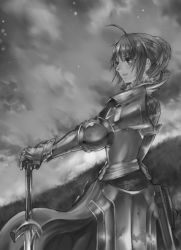 Rule 34 | 00s, 1girl, adapted costume, ahoge, armor, artoria pendragon (fate), fate/stay night, fate (series), gauntlets, greyscale, hands on hilt, monochrome, nidy, profile, saber (fate), solo, sword, weapon