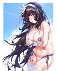 Rule 34 | 1girl, aningay, areola slip, bad id, bad twitter id, bikini, black hair, blush, breast hold, breasts, bridal gauntlets, brown eyes, cleavage, cowboy shot, day, fingerless gloves, flower, girls&#039; frontline, gloves, hair flower, hair ornament, hairband, highres, large breasts, leaning forward, long hair, navel, official alternate costume, open mouth, outdoors, outside border, side-tie bikini bottom, solo, strap gap, swimsuit, thighhighs, type 95 (girls&#039; frontline), type 95 (summer cicada) (girls&#039; frontline), very long hair, wardrobe malfunction, white bikini, white gloves, white thighhighs