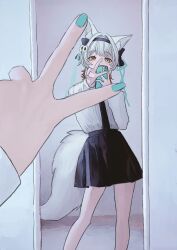 Rule 34 | 1girl, absurdres, animal ears, aqua nails, black hairband, black necktie, black skirt, blue nails, cellphone, collared shirt, feet out of frame, female pov, fingernails, grey hair, hair intakes, hair ornament, hairband, highres, holding, holding phone, kurou satsuki, long sleeves, looking at mirror, looking at viewer, mirror, multicolored hair, nail polish, necktie, orange hair, phone, pleated skirt, ponta (matsuokazieg), pov, pov hands, reflection, ribbon, selfie, shirt, shirt tucked in, skirt, smartphone, solo, standing, tail, taking picture, v, virtual youtuber, white hair, white shirt, wolf ears, wolf girl, wolf tail, yellow eyes, zero project