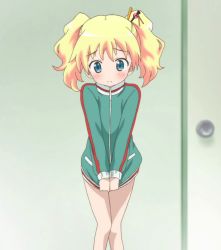 Rule 34 | 10s, 1girl, alice cartelet, blonde hair, blue eyes, clothes pull, embarrassed, hair ornament, jacket, kin-iro mosaic, long sleeves, shirt pull, solo, twintails
