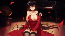 Rule 34 | 1girl, ahoge, alexiel (pixiv6211566), azur lane, bare shoulders, black hair, black panties, black thighhighs, breast suppress, breasts, choker, cleavage, clothes lift, collarbone, commentary, dress, dress lift, evening gown, garter belt, garter straps, hair between eyes, hair ornament, hand on own chest, highres, instrument, large breasts, lifting own clothes, long dress, long hair, looking at viewer, md5 mismatch, no bra, official alternate costume, on floor, one side up, panties, parted lips, petals, phonograph, piano, red dress, red eyes, resolution mismatch, revision, rose petals, side slit, signature, sitting, sleeveless, sleeveless dress, smile, solo, source smaller, spotlight, taihou (azur lane), taihou (forbidden feast) (azur lane), thighhighs, underwear, very long hair
