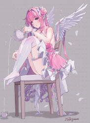 Rule 34 | 1girl, angel, angel wings, blush, breasts, chair, choker, closed mouth, commentary request, dorothy (nikke), dorothy (nostalgia) (nikke), dress, feathers, frilled dress, frills, goddess of victory: nikke, grey background, hair intakes, highres, himeyamato, holding, holding teapot, large breasts, long hair, pink choker, pink dress, pink hair, purple eyes, simple background, sitting, teapot, thigh strap, thighhighs, wet, white thighhighs, wings