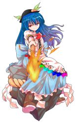 Rule 34 | 1girl, alphes (style), blue hair, bow, dairi, food, fruit, full body, half-closed eyes, hat, hinanawi tenshi, long hair, looking at viewer, open mouth, outstretched arm, parody, peach, puffy sleeves, rock, rope, shimenawa, shirt, short sleeves, sitting, sitting on rock, skirt, smirk, smug, solo, style parody, sword of hisou, touhou, transparent background, very long hair