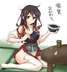 Rule 34 | 10s, 1girl, :p, :q, akagi (kancolle), armor, bandage on face, bandages, bowl, brown eyes, brown hair, chabudai (table), chopsticks, cup, food, food on face, green tea, japanese clothes, jiino, kantai collection, long hair, looking at viewer, messy hair, muneate, rice, rice on face, sitting, solo, table, takuan, tatami, tea, teacup, thighhighs, tongue, tongue out, torn clothes, torn thighhighs, translated, v-shaped eyebrows, yunomi