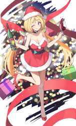 Rule 34 | 1girl, ;p, absurdres, aki rosenthal, alcohol, bare shoulders, belt, blonde hair, blue eyes, bottle, breasts, choker, christmas, christmas present, cleavage, cup, detached hair, dress, drinking glass, gift, hat, high heels, highres, hololive, large breasts, one eye closed, red dress, red footwear, red ribbon, red wine, ribbon, santa dress, santa hat, solo, standing, standing on one leg, tongue, tongue out, twin (tt lsh), twintails, virtual youtuber, wine, wine bottle, wine glass