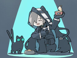 Rule 34 | 1boy, 1girl, arknights, black background, black cat, black cloak, black gloves, black jacket, black pants, blue background, blue eyes, brown hair, cat, chibi, christine (arknights), cloak, closed eyes, commentary, full body, gloves, hair over one eye, highres, holding, holding mask, hood, hooded cloak, infection monitor (arknights), jacket, kneeling, konno akikaze, long sleeves, mask, multiple tails, open mouth, pants, pet food, phantom (arknights), plate, shadow, simple background, smile, spotlight, tail, tin (container), twitter username, two tails, | |