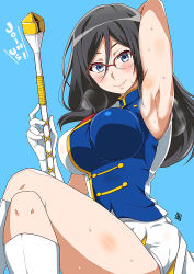 Rule 34 | 10s, 1girl, aoi manabu, arm up, armpits, bad anatomy, band uniform, bare legs, baton, black hair, blue background, blue eyes, blush, boots, breasts, closed mouth, english text, female focus, glasses, gloves, hibike! euphonium, knee boots, large breasts, crossed legs, long hair, looking at viewer, no headwear, no headwear, over-rim eyewear, red-framed eyewear, semi-rimless eyewear, simple background, skirt, smell, smile, solo, sweat, tanaka asuka, uniform, white gloves, white skirt