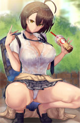 Rule 34 | 1girl, ahoge, alternate costume, asymmetrical bangs, azur lane, bag, baltimore (after-school ace) (azur lane), baltimore (azur lane), beige sweater, black hair, black necktie, black skirt, blurry, blurry background, bra, bra visible through clothes, braid, breasts, brown sweater, cardigan, cardigan around waist, choker, cleavage, closed mouth, clothes around waist, collarbone, collared shirt, commentary request, double w, french braid, green eyes, hair between eyes, large breasts, looking at viewer, loose necktie, necktie, outdoors, panties, pleated skirt, satou daiji, school uniform, see-through, shirt, shoes, short hair, short sleeves, shoulder bag, skirt, smile, solo, spread legs, squatting, sweat, sweater, sweater around waist, thick thighs, thighs, underwear, w, wet, wet clothes, white bra, white panties, white shirt