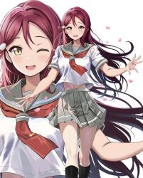 Rule 34 | 1girl, absurdres, black socks, blush, commentary request, falling petals, floating hair, green sailor collar, green skirt, hair between eyes, hair ornament, hand up, highres, long hair, looking at viewer, love live!, love live! sunshine!!, midriff, miniskirt, navel, neckerchief, one eye closed, open mouth, petals, pink petals, pleated skirt, red hair, red neckerchief, sailor collar, sakurauchi riko, school uniform, serafuku, shirt, simple background, skirt, smile, socks, upper body, uranohoshi school uniform, white background, white shirt, yellow eyes, zaofeng, zoom layer