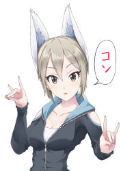 Rule 34 | 10s, 1girl, :o, animal ears, blonde hair, breasts, brown eyes, cleavage, coat, collarbone, double fox shadow puppet, fox shadow puppet, idolmaster, idolmaster cinderella girls, inoshira, jacket, looking at viewer, \n/, nail polish, parted lips, pink nails, shiomi syuko, shirt, short hair, simple background, solo, speech bubble, sportswear, text focus, track jacket, translation request, trench coat, white background, white shirt, zipper