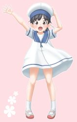 Rule 34 | 1girl, black hair, brown eyes, brown hair, clothes lift, commentary request, dress, dress lift, full body, hat, hiburi (kancolle), highres, kantai collection, open mouth, pink background, sailor collar, sailor dress, sailor hat, shoes, short hair, simple background, solo, standing, t2r, uwabaki, white dress, white footwear, white hat