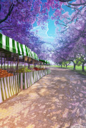 Rule 34 | angelmaster, arsenixc, branch, cherry blossoms, commentary request, dappled sunlight, day, food, food stand, fruit, grass, highres, no humans, outdoors, park, path, road, scenery, shadow, sunlight, tree, tree shade, watermark