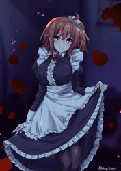 Rule 34 | 1girl, abe inori, ahoge, alternate costume, apron, black pantyhose, black shirt, black skirt, blood, blood splatter, bow, bowtie, breasts, dress shirt, enmaided, fate/grand order, fate (series), frilled apron, frilled skirt, frills, fujimaru ritsuka (female), hair between eyes, hair ornament, hair scrunchie, indoors, large breasts, looking at viewer, maid, medium hair, medium skirt, orange hair, pantyhose, red bow, red bowtie, scrunchie, shiny clothes, shiny legwear, shirt, side ponytail, skirt, skirt hold, solo, standing, twitter username, white apron, white scrunchie, yellow eyes